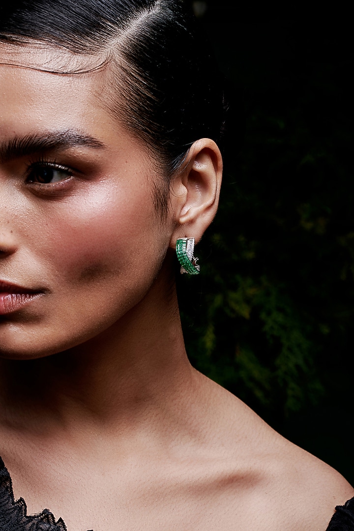 White Rhodium Finis Emerald Spinel Stone Criss-Cross Stud Earrings In Sterling Silver by MISS JO at Pernia's Pop Up Shop