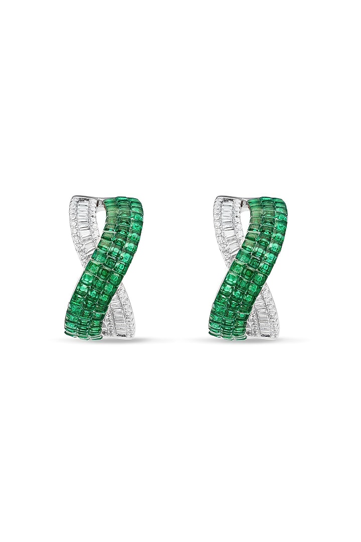 White Rhodium Finis Emerald Spinel Stone Criss-Cross Stud Earrings In Sterling Silver by MISS JO at Pernia's Pop Up Shop