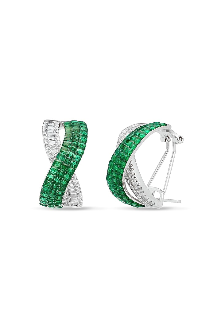 White Rhodium Finis Emerald Spinel Stone Criss-Cross Stud Earrings In Sterling Silver by MISS JO at Pernia's Pop Up Shop