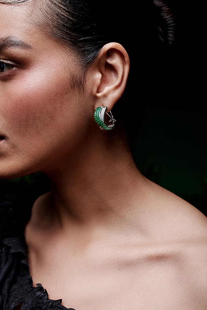 White Rhodium Finis Emerald Spinel Stone Criss-Cross Stud Earrings In Sterling Silver by MISS JO at Pernia's Pop Up Shop