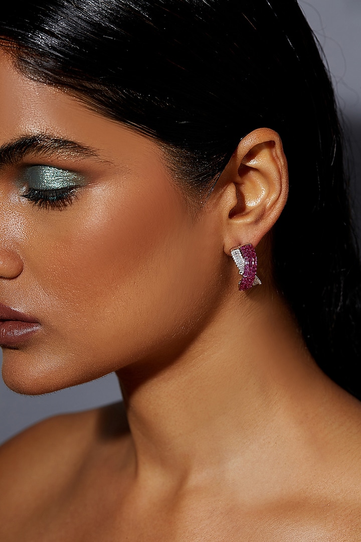 White Rhodium Finish Ruby Spinel Stone Criss-Cross Stud Earrings In Sterling Silver by MISS JO at Pernia's Pop Up Shop