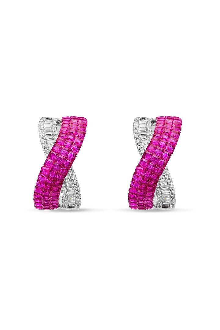 White Rhodium Finish Ruby Spinel Stone Criss-Cross Stud Earrings In Sterling Silver by MISS JO at Pernia's Pop Up Shop