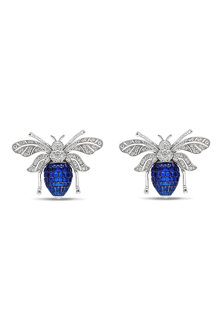 White Rhodium Finish Sapphire Spinel Stone Honey Bee Stud Earrings In Sterling Silver by MISS JO at Pernia's Pop Up Shop