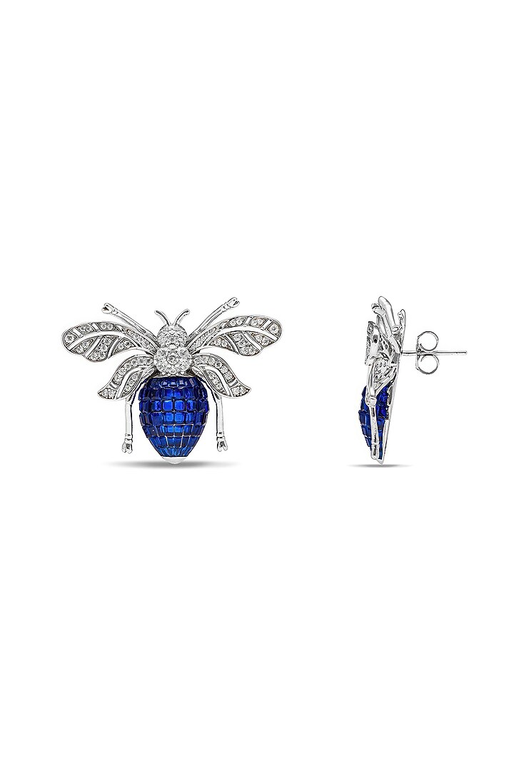 White Rhodium Finish Sapphire Spinel Stone Honey Bee Stud Earrings In Sterling Silver by MISS JO at Pernia's Pop Up Shop
