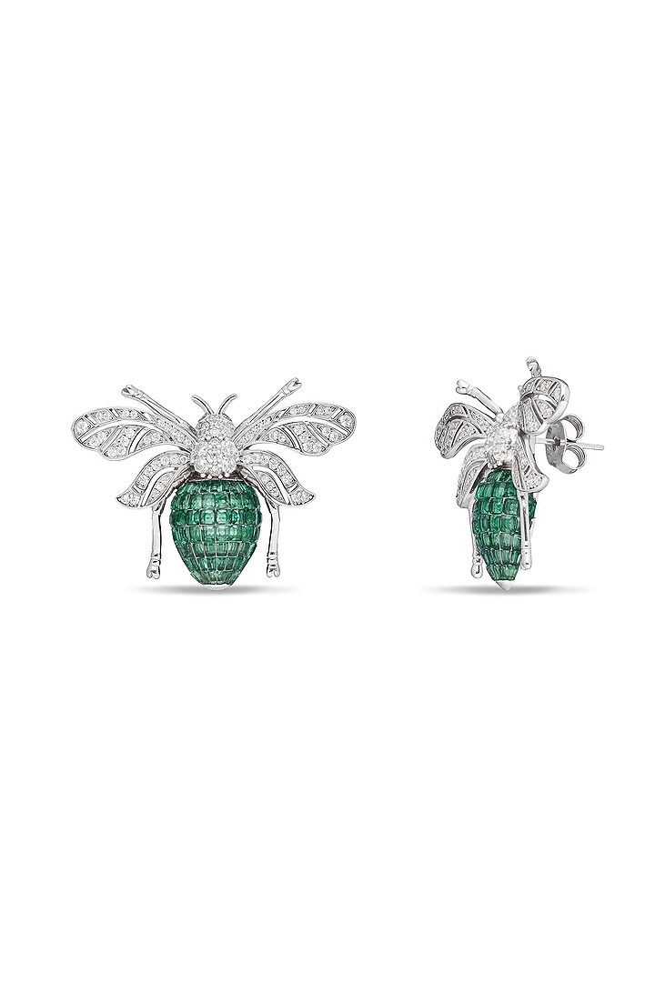 White Rhodium Finish Emerald Spinel Stone Honey Bee Stud Earrings In Sterling Silver by MISS JO at Pernia's Pop Up Shop
