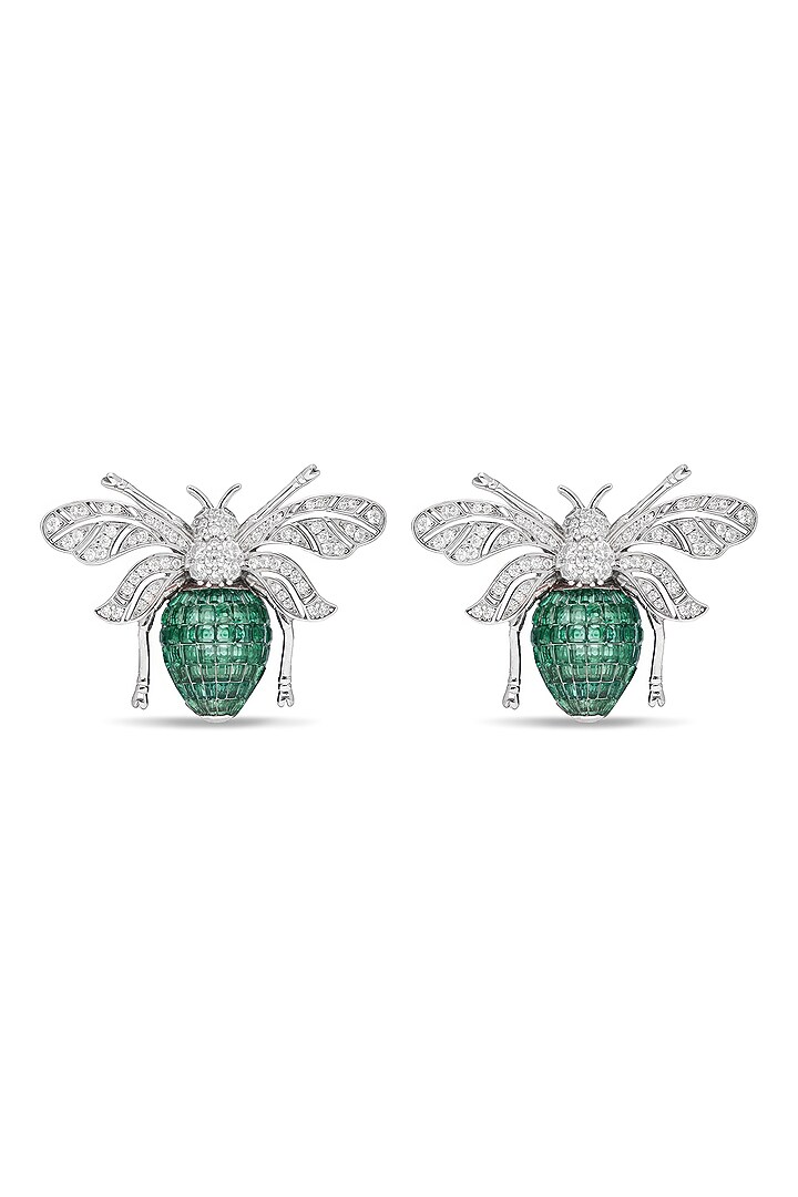 White Rhodium Finish Emerald Spinel Stone Honey Bee Stud Earrings In Sterling Silver by MISS JO at Pernia's Pop Up Shop