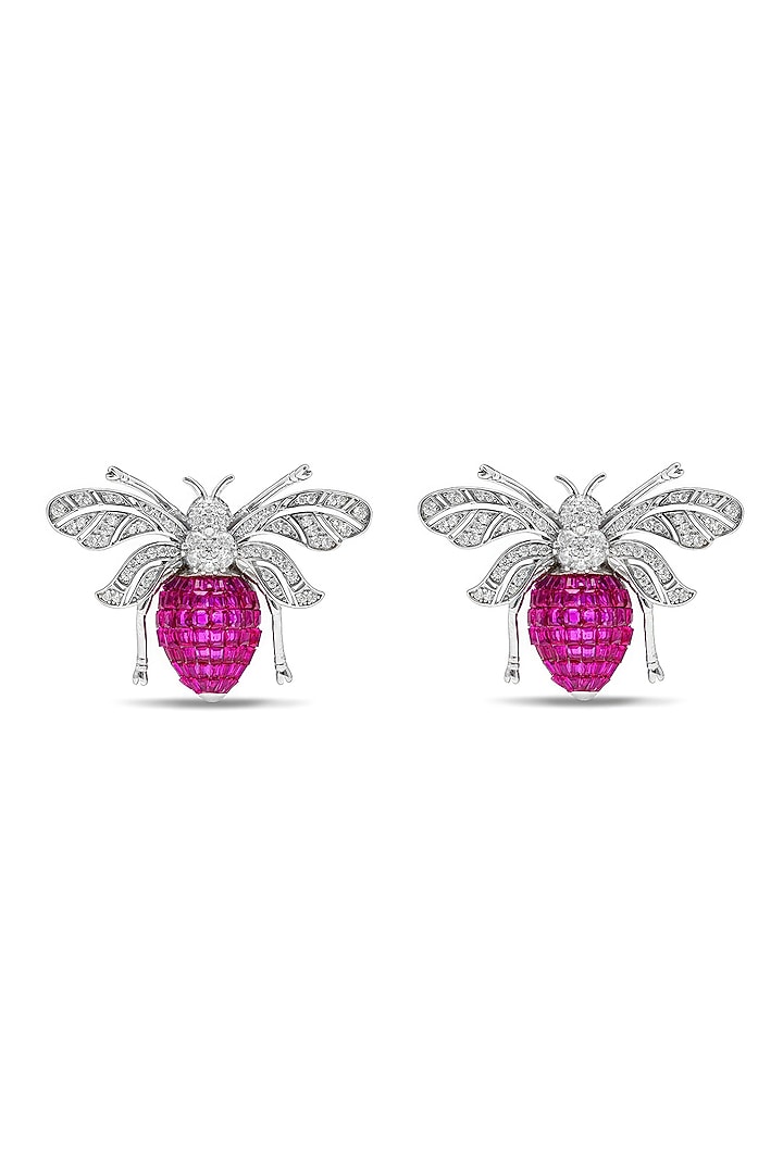 White Rhodium Finish Ruby Spinel Stone Honey Bee Stud Earrings In Sterling Silver by MISS JO at Pernia's Pop Up Shop