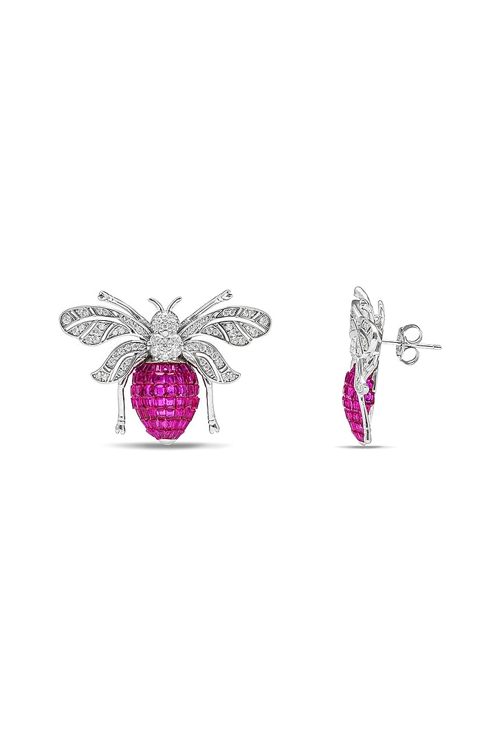 White Rhodium Finish Ruby Spinel Stone Honey Bee Stud Earrings In Sterling Silver by MISS JO at Pernia's Pop Up Shop