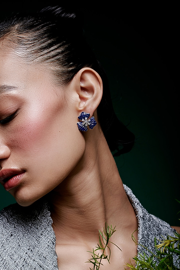 White Rhodium Finish Sapphire Spinel Stone Stud Earrings In Sterling Silver by MISS JO at Pernia's Pop Up Shop