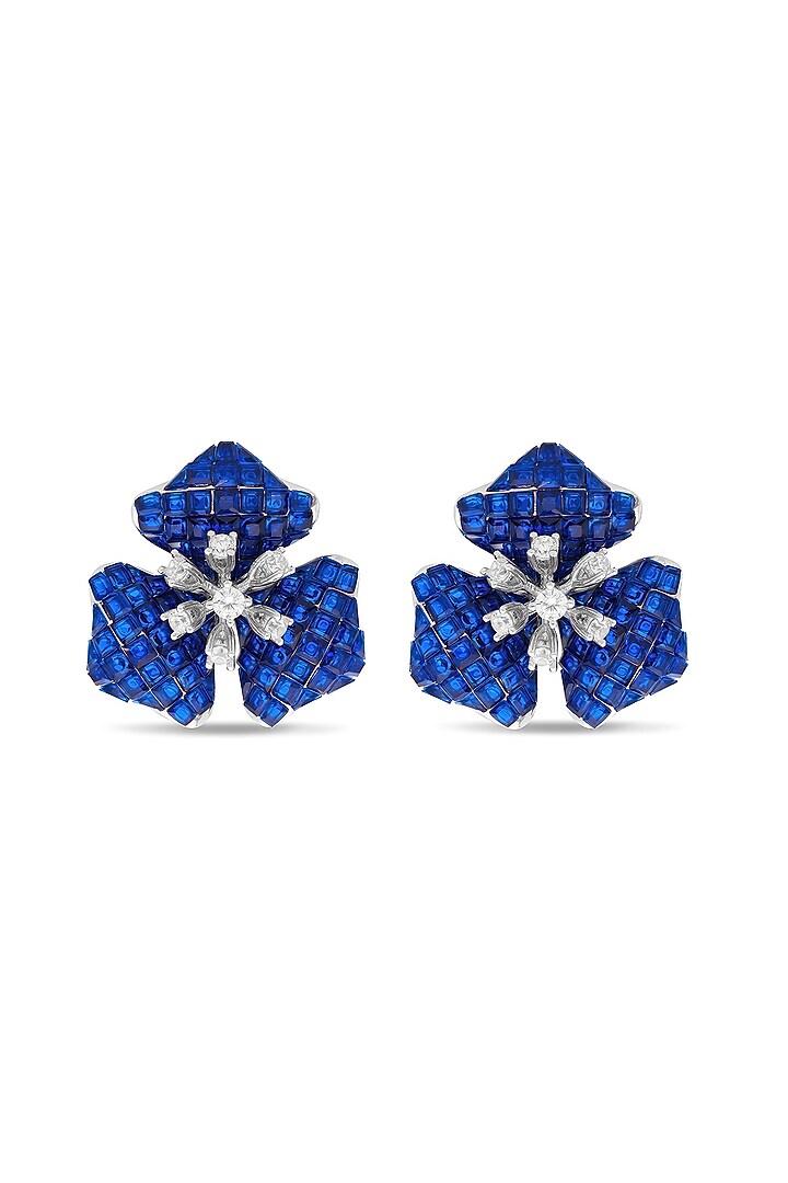 White Rhodium Finish Sapphire Spinel Stone Stud Earrings In Sterling Silver by MISS JO at Pernia's Pop Up Shop