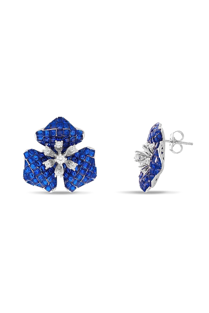 White Rhodium Finish Sapphire Spinel Stone Stud Earrings In Sterling Silver by MISS JO at Pernia's Pop Up Shop
