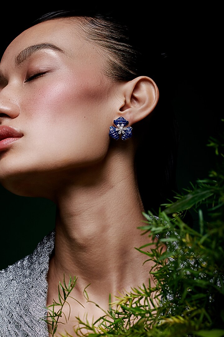 White Rhodium Finish Sapphire Spinel Stone Stud Earrings In Sterling Silver by MISS JO at Pernia's Pop Up Shop