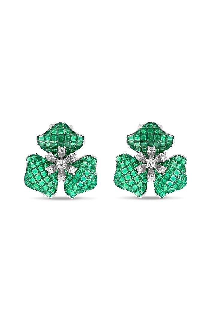White Rhodium Finish Emerald Spinel Stone Stud Earrings In Sterling Silver by MISS JO at Pernia's Pop Up Shop