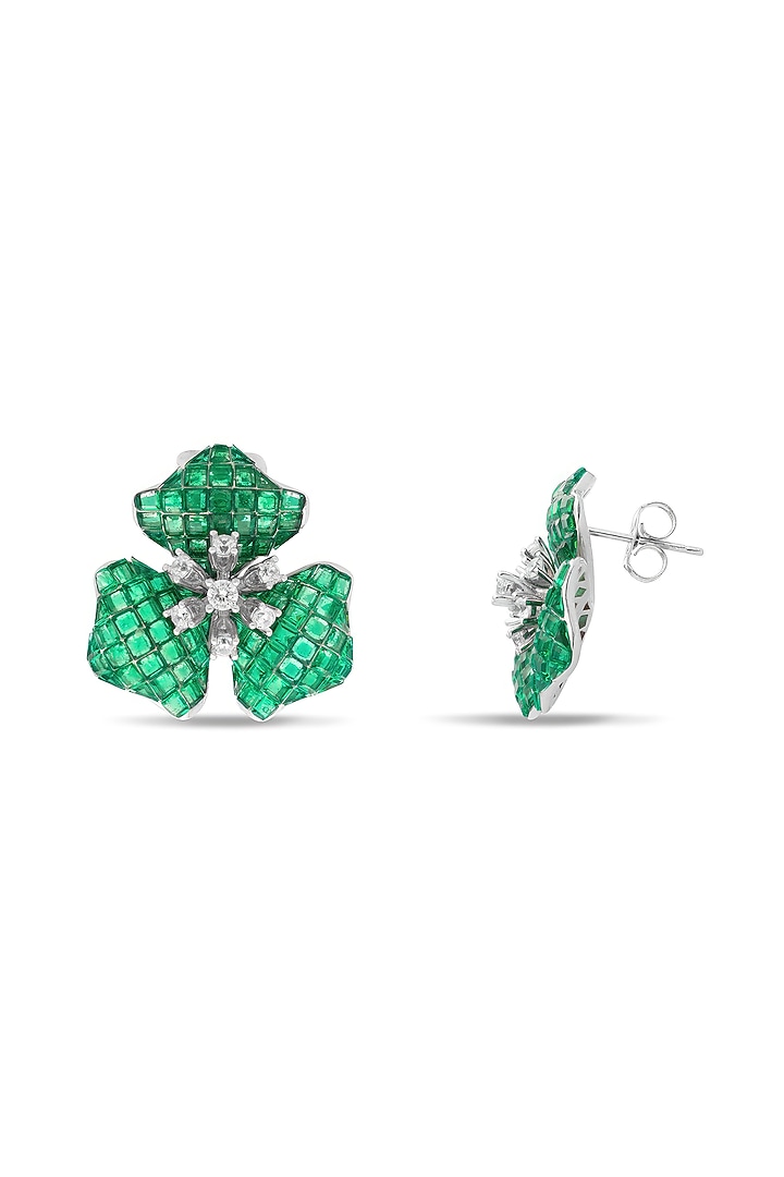 White Rhodium Finish Emerald Spinel Stone Stud Earrings In Sterling Silver by MISS JO at Pernia's Pop Up Shop