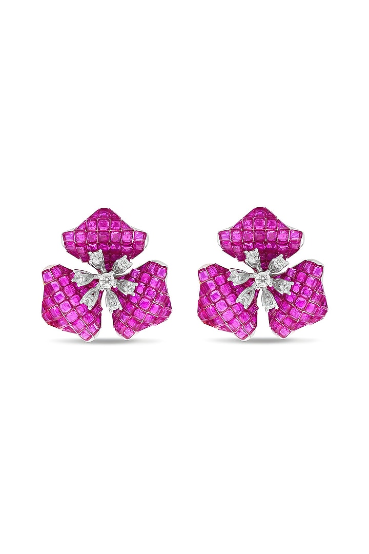 White Rhodium Finish Ruby Spinel Stone Stud Earrings In Sterling Silver by MISS JO at Pernia's Pop Up Shop