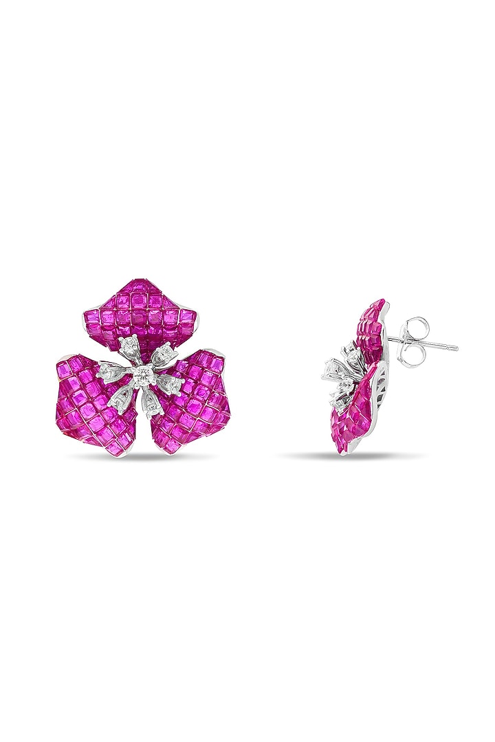 White Rhodium Finish Ruby Spinel Stone Stud Earrings In Sterling Silver by MISS JO at Pernia's Pop Up Shop