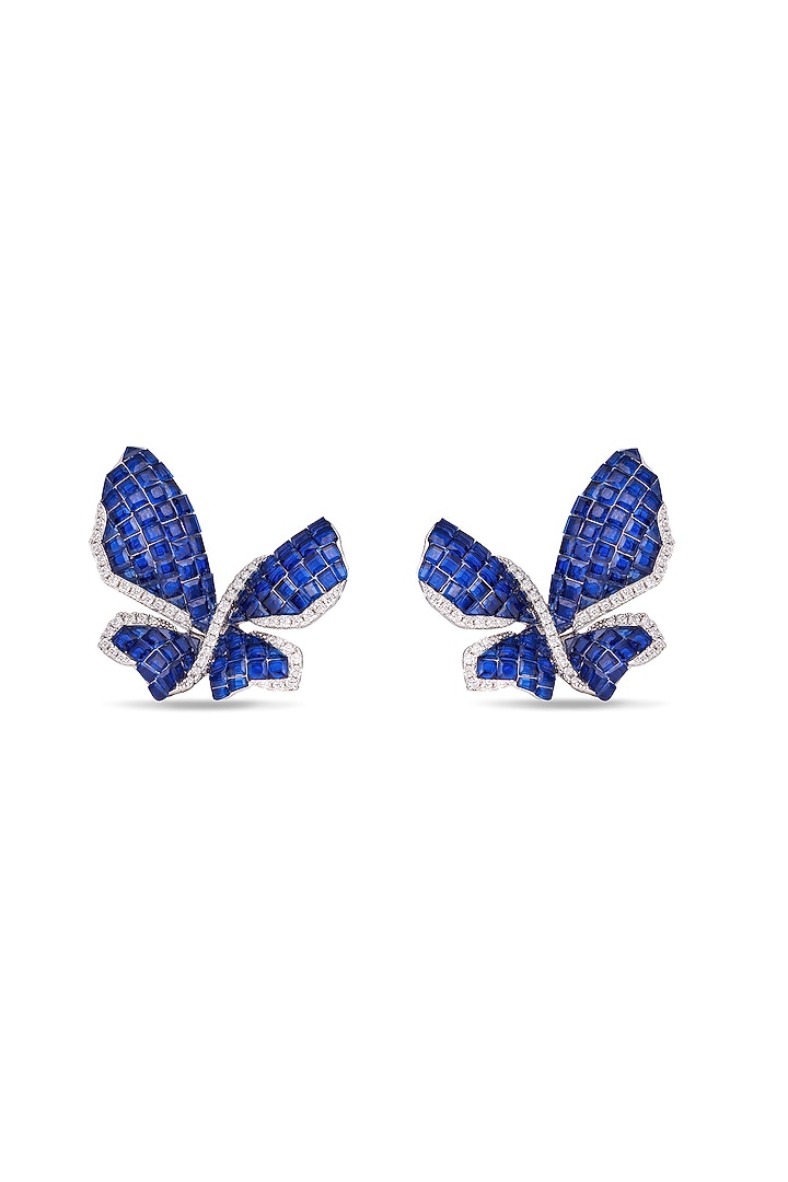 White Rhodium Finish Sapphire Spinel Stone Butterfly Stud Earrings In Sterling Silver by MISS JO at Pernia's Pop Up Shop