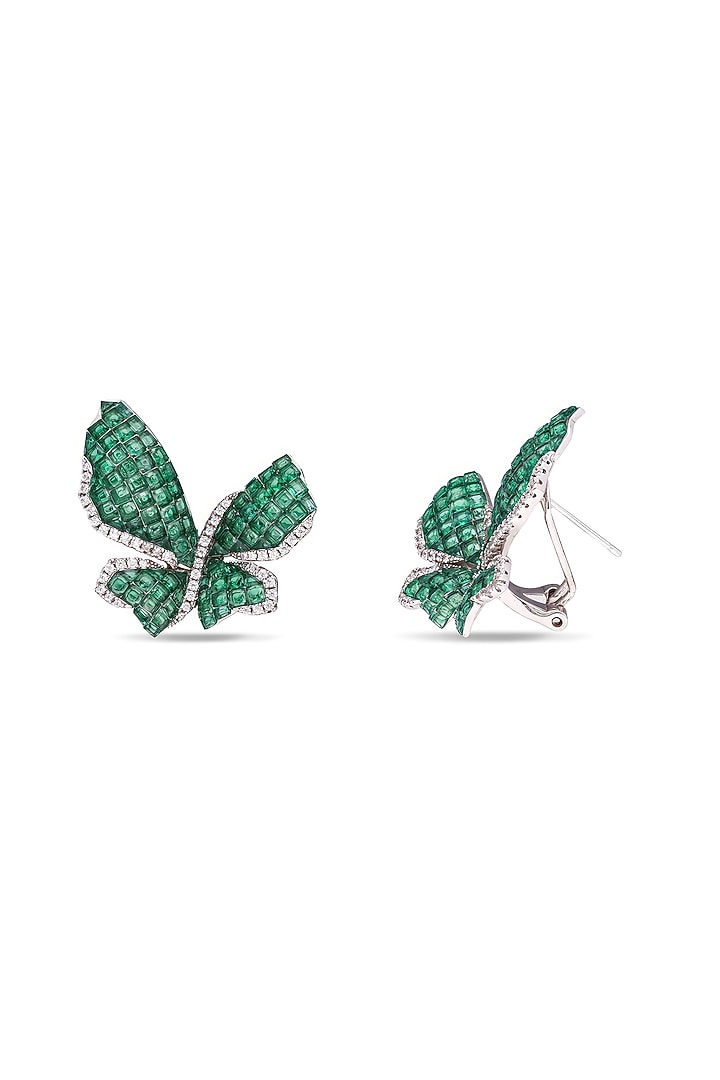 White Rhodium Finish Emerald Spinel Stone Butterfly Stud Earrings In Sterling Silver by MISS JO at Pernia's Pop Up Shop