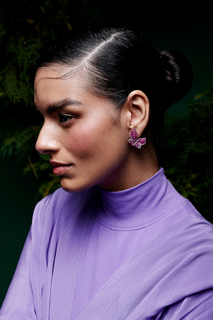 White Rhodium Finish Ruby Spinel Stone Butterfly Stud Earrings In Sterling Silver by MISS JO at Pernia's Pop Up Shop