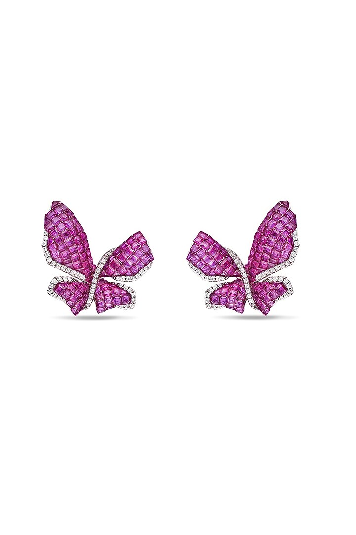 White Rhodium Finish Ruby Spinel Stone Butterfly Stud Earrings In Sterling Silver by MISS JO at Pernia's Pop Up Shop