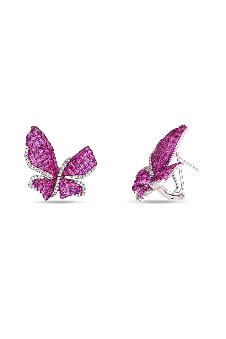 White Rhodium Finish Ruby Spinel Stone Butterfly Stud Earrings In Sterling Silver by MISS JO at Pernia's Pop Up Shop