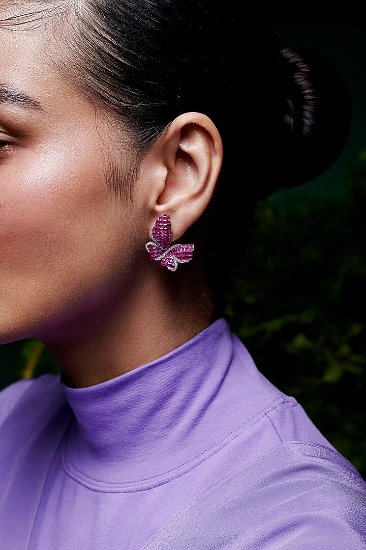 White Rhodium Finish Ruby Spinel Stone Butterfly Stud Earrings In Sterling Silver by MISS JO at Pernia's Pop Up Shop