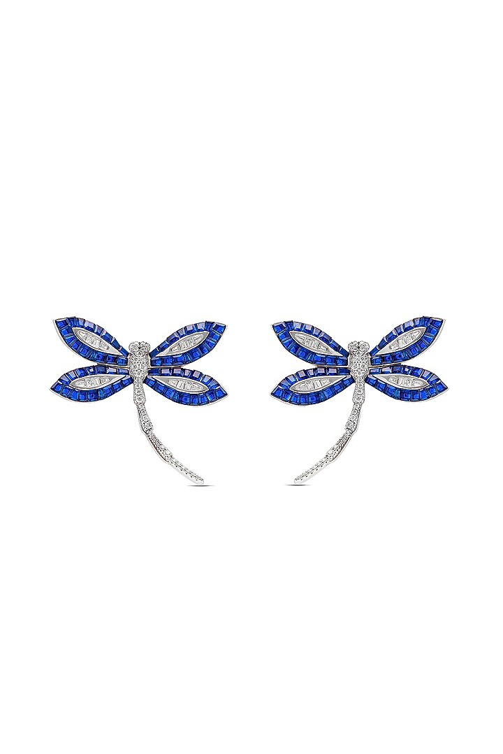 White Rhodium Finish Sapphire Spinel Stone Dragonfly Stud Earrings In Sterling Silver by MISS JO at Pernia's Pop Up Shop
