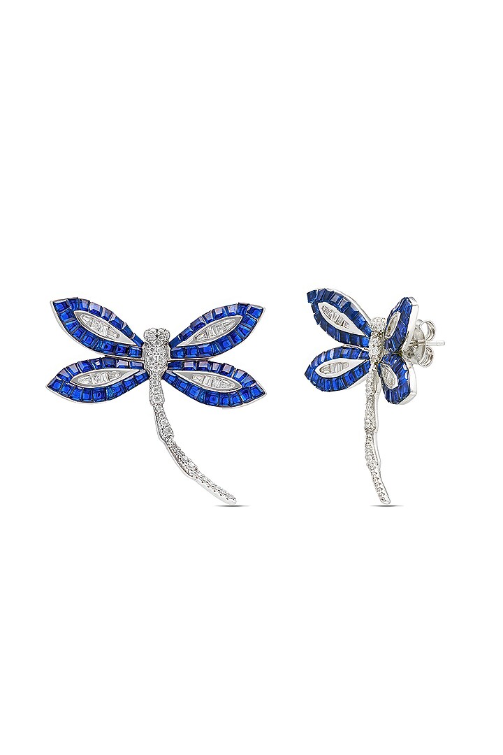 White Rhodium Finish Sapphire Spinel Stone Dragonfly Stud Earrings In Sterling Silver by MISS JO at Pernia's Pop Up Shop
