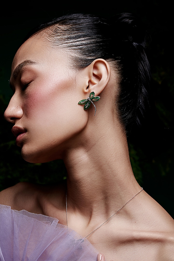 White Rhodium Finish Emerald Spinel Stone Dragonfly Stud Earrings In Sterling Silver by MISS JO at Pernia's Pop Up Shop