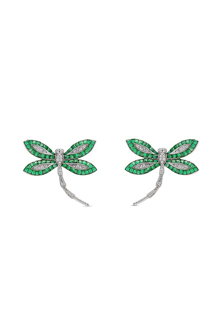 White Rhodium Finish Emerald Spinel Stone Dragonfly Stud Earrings In Sterling Silver by MISS JO at Pernia's Pop Up Shop