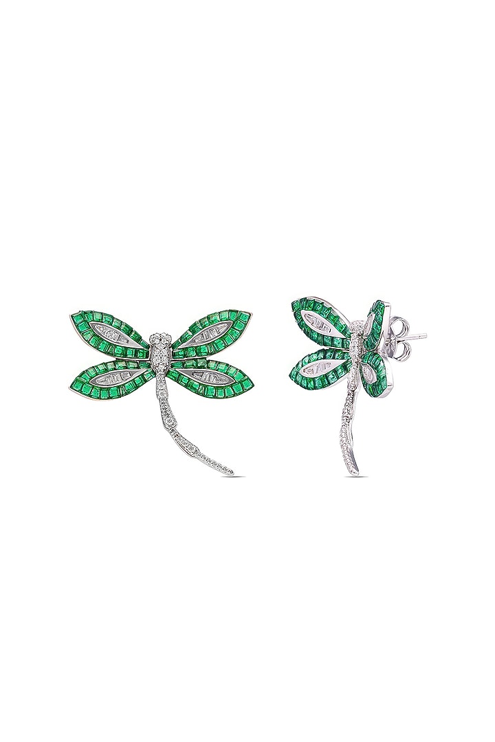 White Rhodium Finish Emerald Spinel Stone Dragonfly Stud Earrings In Sterling Silver by MISS JO at Pernia's Pop Up Shop