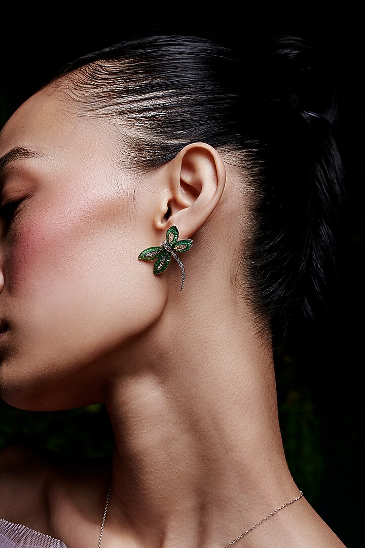 White Rhodium Finish Emerald Spinel Stone Dragonfly Stud Earrings In Sterling Silver by MISS JO at Pernia's Pop Up Shop