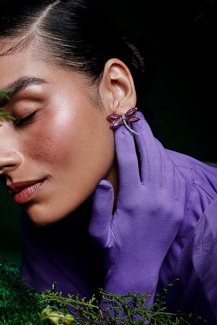 White Rhodium Finish Ruby Spinel Stone Dragonfly Stud Earrings In Sterling Silver by MISS JO at Pernia's Pop Up Shop