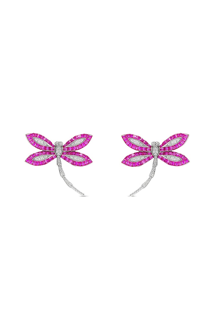 White Rhodium Finish Ruby Spinel Stone Dragonfly Stud Earrings In Sterling Silver by MISS JO at Pernia's Pop Up Shop