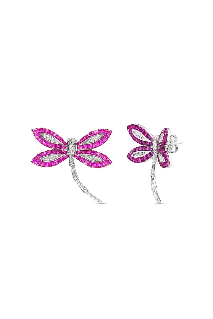 White Rhodium Finish Ruby Spinel Stone Dragonfly Stud Earrings In Sterling Silver by MISS JO at Pernia's Pop Up Shop