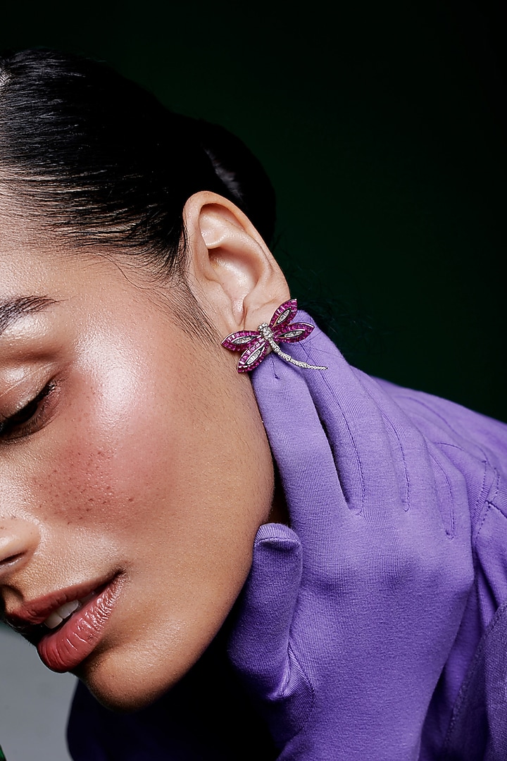 White Rhodium Finish Ruby Spinel Stone Dragonfly Stud Earrings In Sterling Silver by MISS JO at Pernia's Pop Up Shop