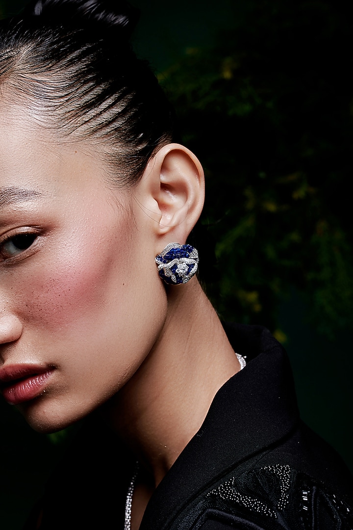 White Rhodium Finish Sapphire Spinel Stone Floral Stud Earrings In Sterling Silver by MISS JO at Pernia's Pop Up Shop