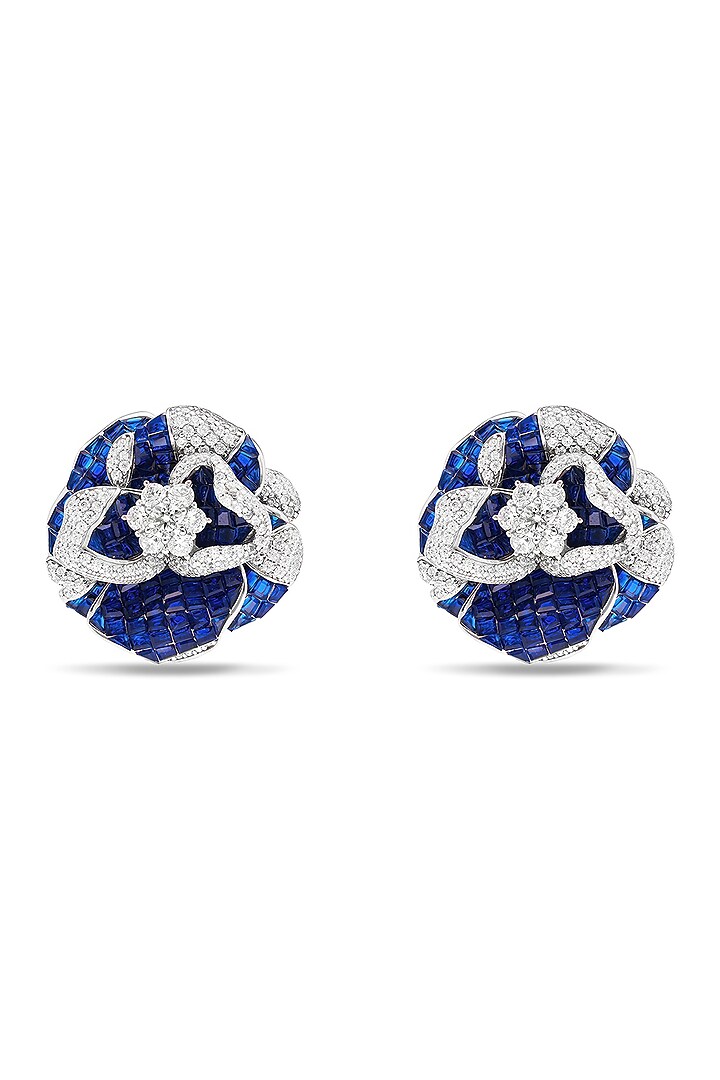 White Rhodium Finish Sapphire Spinel Stone Floral Stud Earrings In Sterling Silver by MISS JO at Pernia's Pop Up Shop