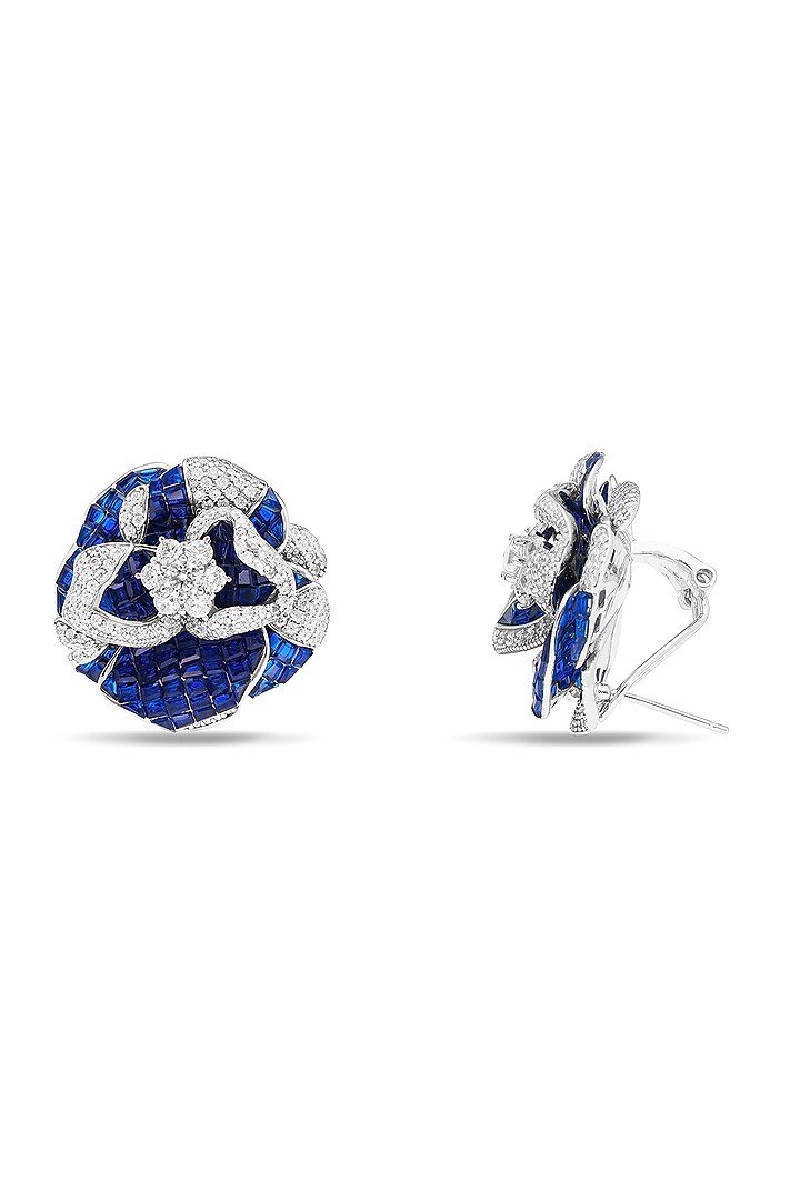 White Rhodium Finish Sapphire Spinel Stone Floral Stud Earrings In Sterling Silver by MISS JO at Pernia's Pop Up Shop
