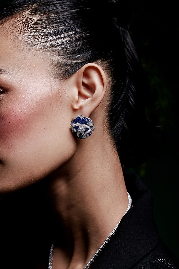 White Rhodium Finish Sapphire Spinel Stone Floral Stud Earrings In Sterling Silver by MISS JO at Pernia's Pop Up Shop