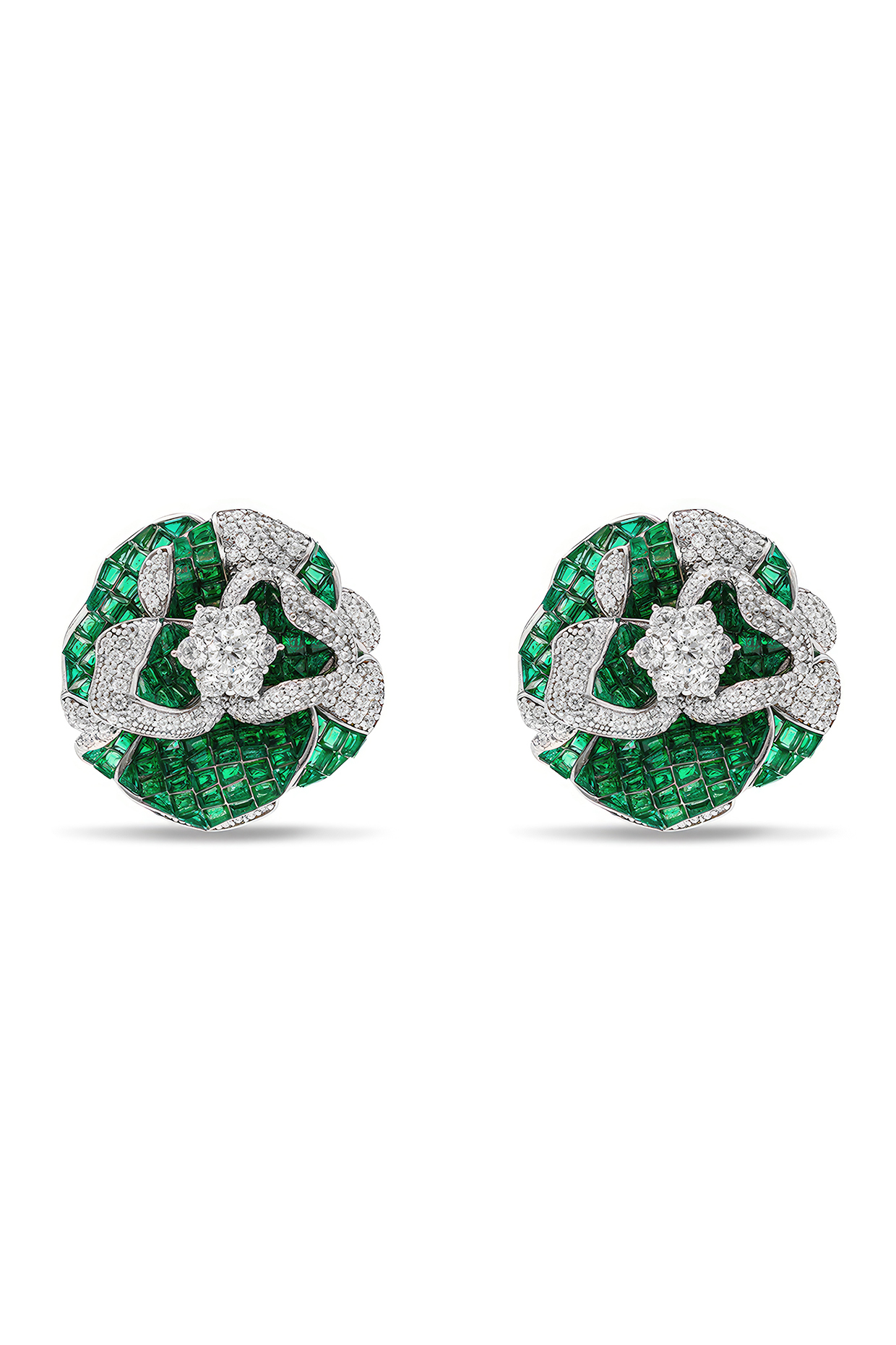 White Rhodium Finish Emerald Spinel Stone Floral Stud Earrings In Sterling Silver by MISS JO at Pernia's Pop Up Shop