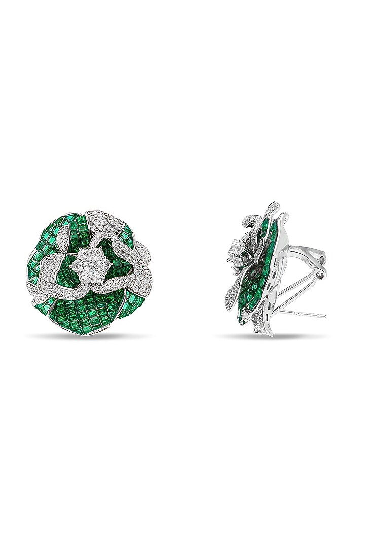 White Rhodium Finish Emerald Spinel Stone Floral Stud Earrings In Sterling Silver by MISS JO at Pernia's Pop Up Shop