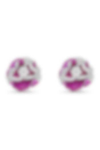 White Rhodium Finish Ruby Spinel Stone Floral Stud Earrings In Sterling Silver by MISS JO at Pernia's Pop Up Shop