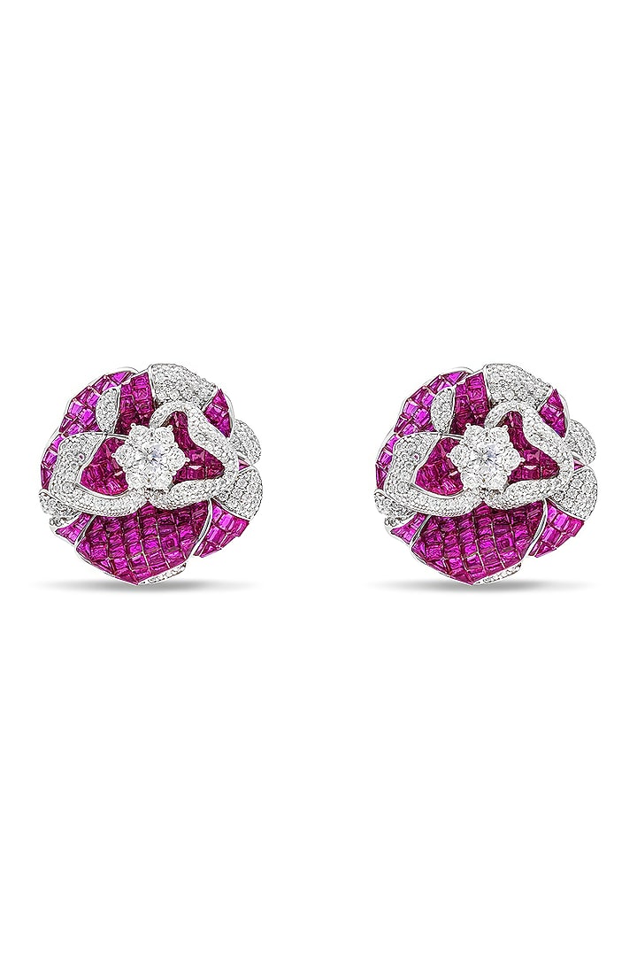 White Rhodium Finish Ruby Spinel Stone Floral Stud Earrings In Sterling Silver by MISS JO at Pernia's Pop Up Shop