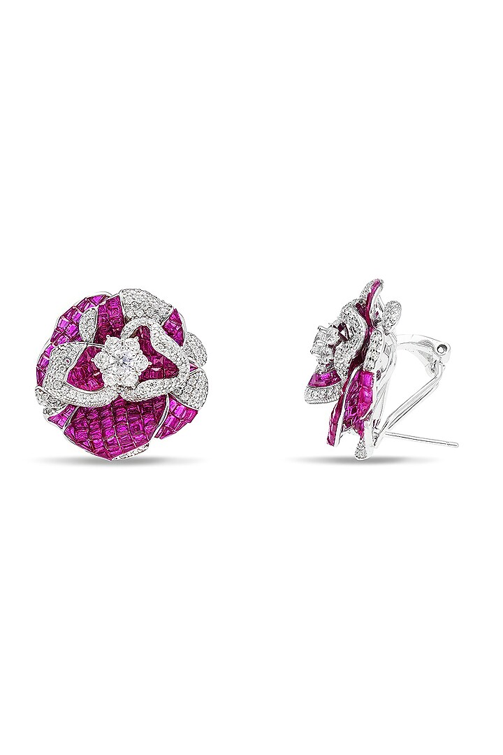 White Rhodium Finish Ruby Spinel Stone Floral Stud Earrings In Sterling Silver by MISS JO at Pernia's Pop Up Shop