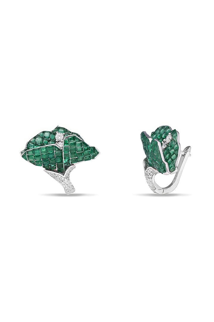 White Rhodium Finish Emerald Spinel Stone Stud Earrings In Sterling Silver by MISS JO at Pernia's Pop Up Shop