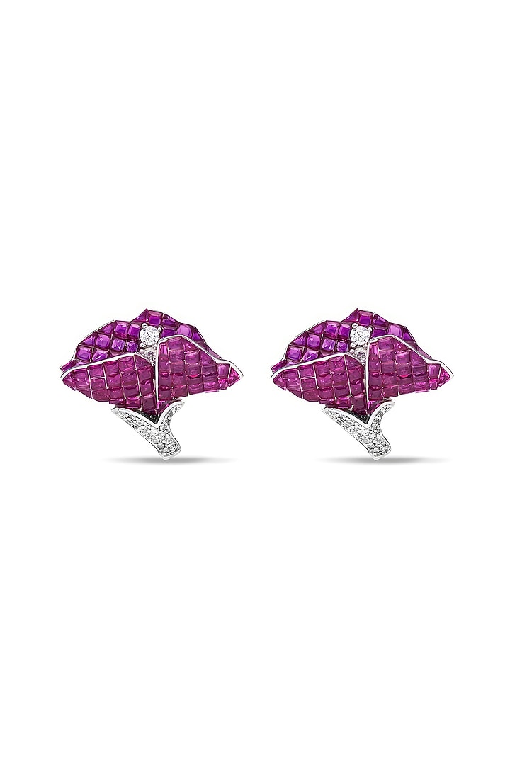 White Rhodium Finish Ruby Spinel Stone Stud Earrings In Sterling Silver by MISS JO at Pernia's Pop Up Shop