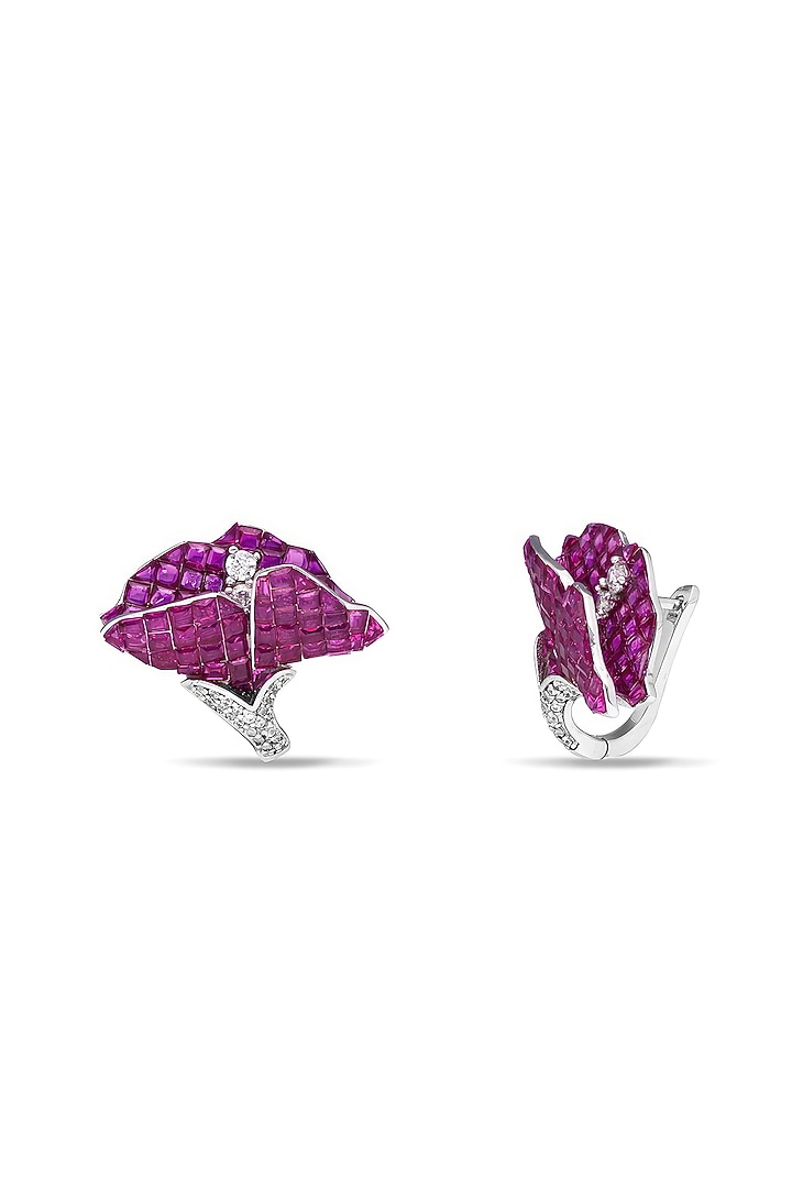 White Rhodium Finish Ruby Spinel Stone Stud Earrings In Sterling Silver by MISS JO at Pernia's Pop Up Shop