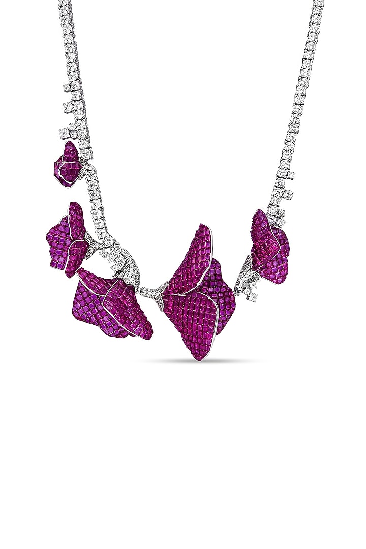 White Rhodium Finish Ruby Spinel Stone Petal Necklace In Sterling Silver by MISS JO at Pernia's Pop Up Shop
