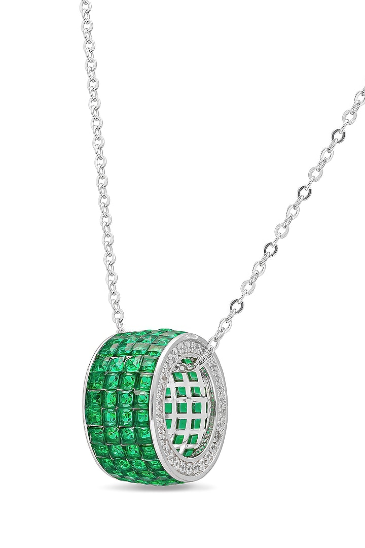 White Rhodium Finish Emerald Spinel Stone Pendant Necklace In Sterling Silver by MISS JO at Pernia's Pop Up Shop
